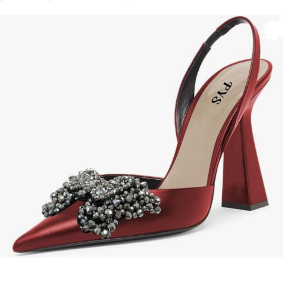 FYS Dark Red Slip on Pointed Toe Slingback Sandals Butterfly Crystal Slide Shoes